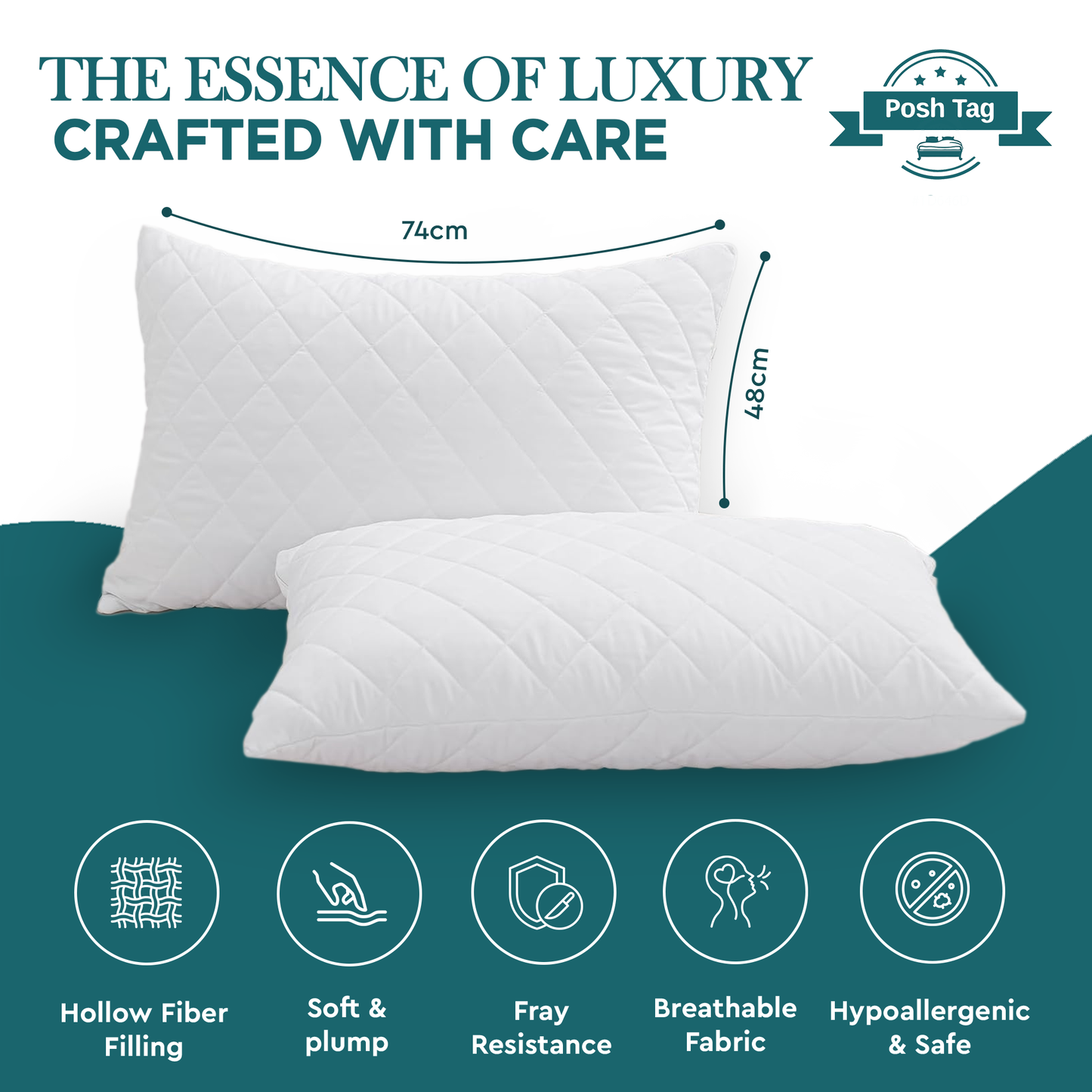 Posh Tag Quilted Pillows 48cm x 74cm Hotel Pillows Non Allergenic Soft Pillows For Sleeping, Hypoallergenic, Back and Down Support Alternative, Bed Pillows Hollow Fiber Filled Pillows