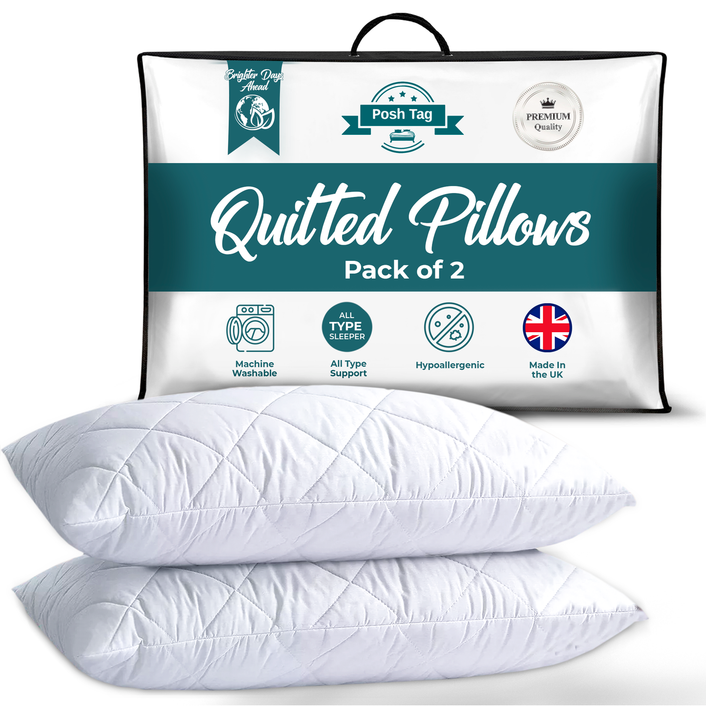 Posh Tag Quilted Pillows 48cm x 74cm Hotel Pillows Non Allergenic Soft Pillows For Sleeping, Hypoallergenic, Back and Down Support Alternative, Bed Pillows Hollow Fiber Filled Pillows