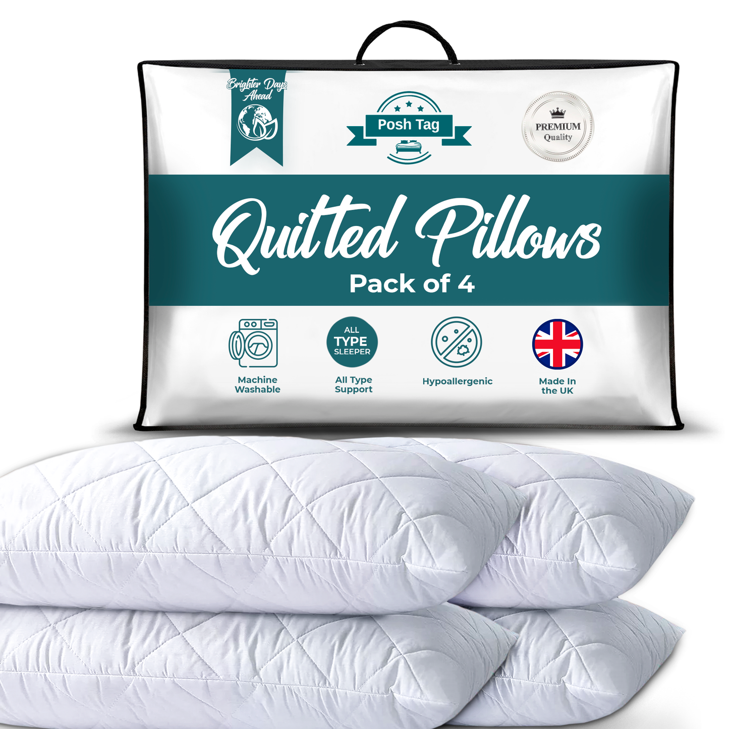 Posh Tag Quilted Pillows 48cm x 74cm Hotel Pillows Non Allergenic Soft Pillows For Sleeping, Hypoallergenic, Back and Down Support Alternative, Bed Pillows Hollow Fiber Filled Pillows