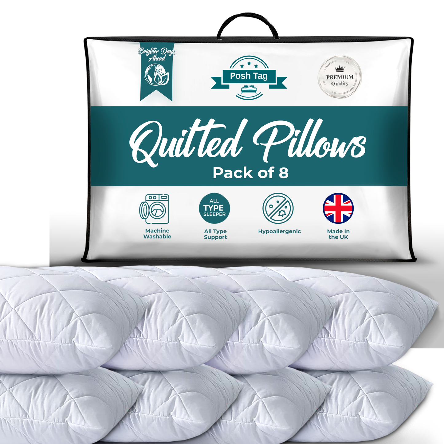 Posh Tag Quilted Pillows 48cm x 74cm Hotel Pillows Non Allergenic Soft Pillows For Sleeping, Hypoallergenic, Back and Down Support Alternative, Bed Pillows Hollow Fiber Filled Pillows